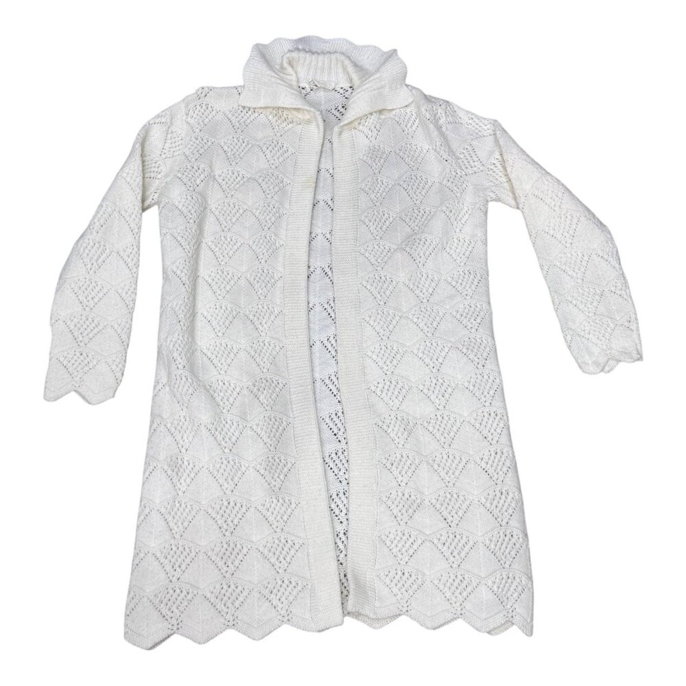 Vintage Dotty Mann Cleveland 50s White Duster Cardigan Sweater Knit Open Long L